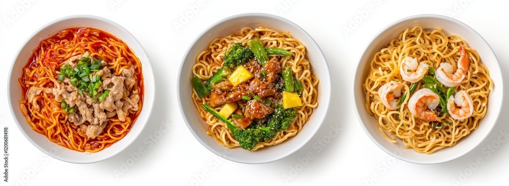 Three bowls of noodles with various toppings. Three bowls of noodles with various toppings.