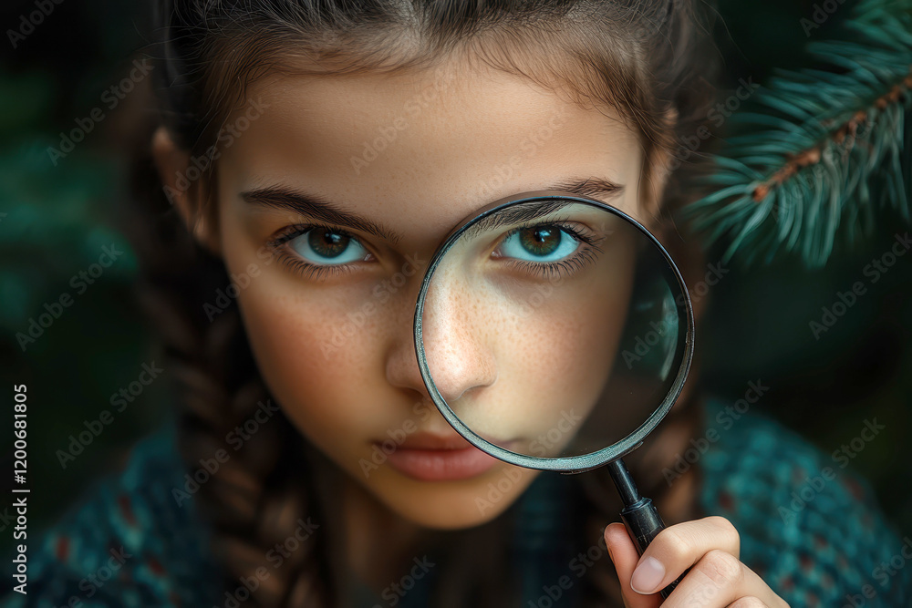 a girl wearing holding a magnifying glass against a isolated background, exploring and investigating concept. a girl wearing holding a magnifying glass against a isolated background, exploring and investigating concept.