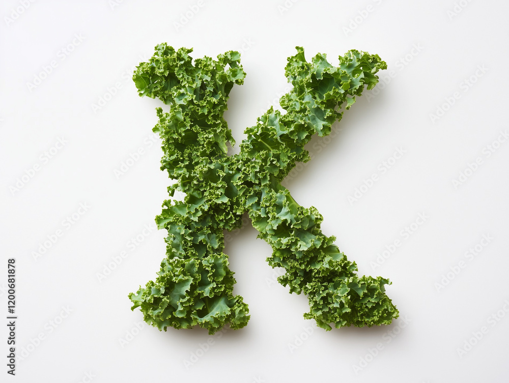 a letter K made of kale. top view. Minimalistic design on a plain white background a letter K made of kale. top view. Minimalistic design on a plain white background