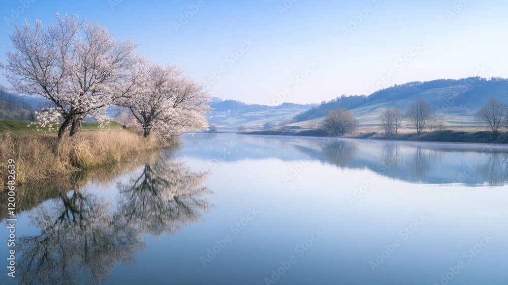 Serene Lake Surrounded by Blooming Trees in Tranquil Landscape Serene Lake Surrounded by Blooming Trees in Tranquil Landscape