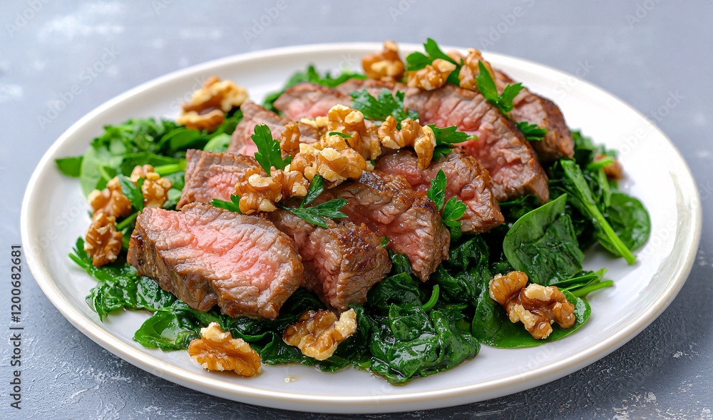 Brain health meat concept. Juicy beef slices on a bed of fresh greens, topped with walnuts and garnished with parsley, creating a delicious and nutritious dish. Brain health meat concept. Juicy beef slices on a bed of fresh greens, topped with walnuts and garnished with parsley, creating a delicious and nutritious dish.