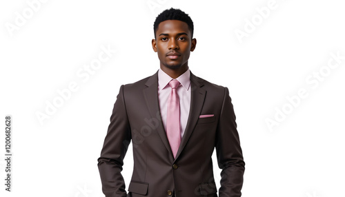 Confident young African American man in brown suit, pink shirt, and tie.