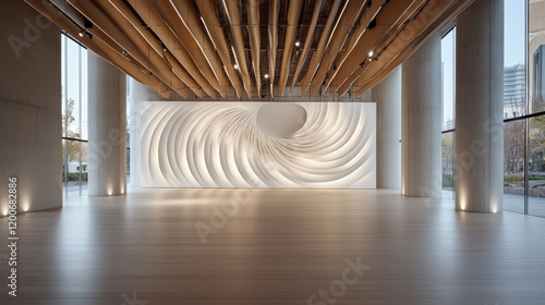 Futuristic art installation with kinetic sculptures in spacious gallery photo