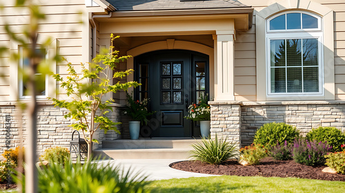 Wallpaper Mural Elegant Home Exterior with Black Door and Stone Accents. Modern House Design, Landscaping, and Real Estate Photography Torontodigital.ca