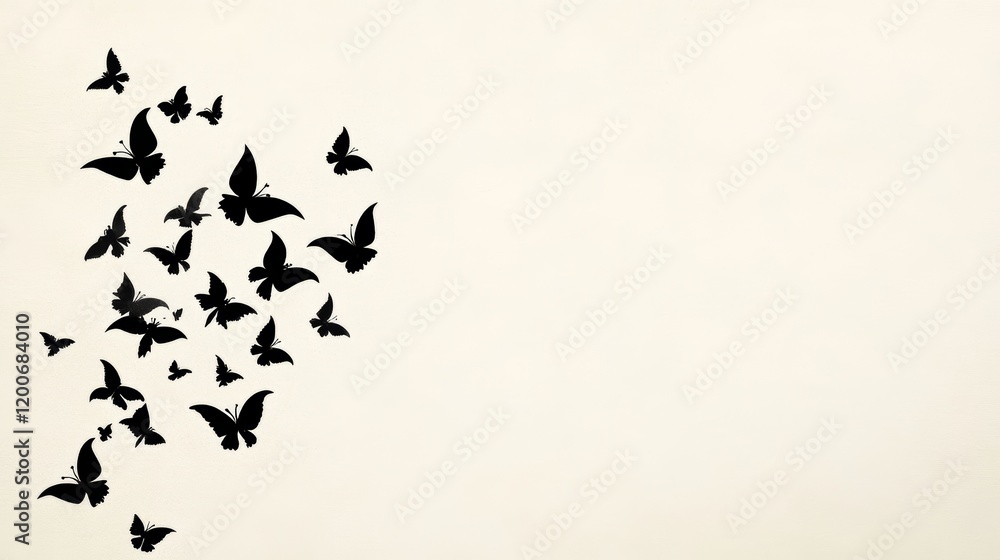 Fototapeta premium Black Butterfly Silhouette Swarm on Beige Background