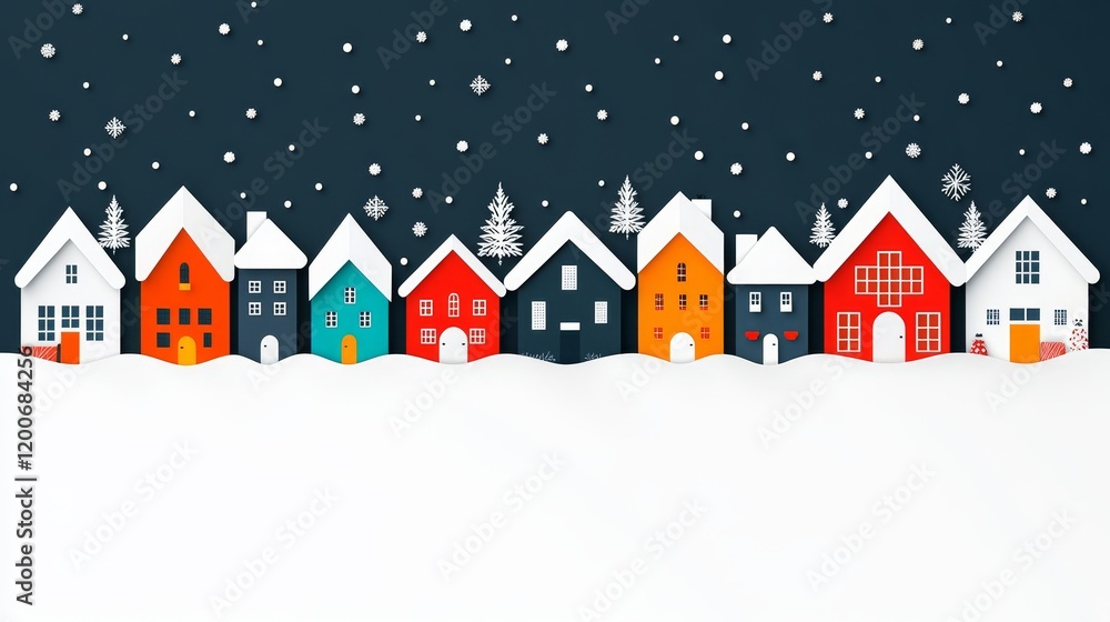 Fototapeta premium A Colorful Row of Snow-Covered Houses on a Snowy Night