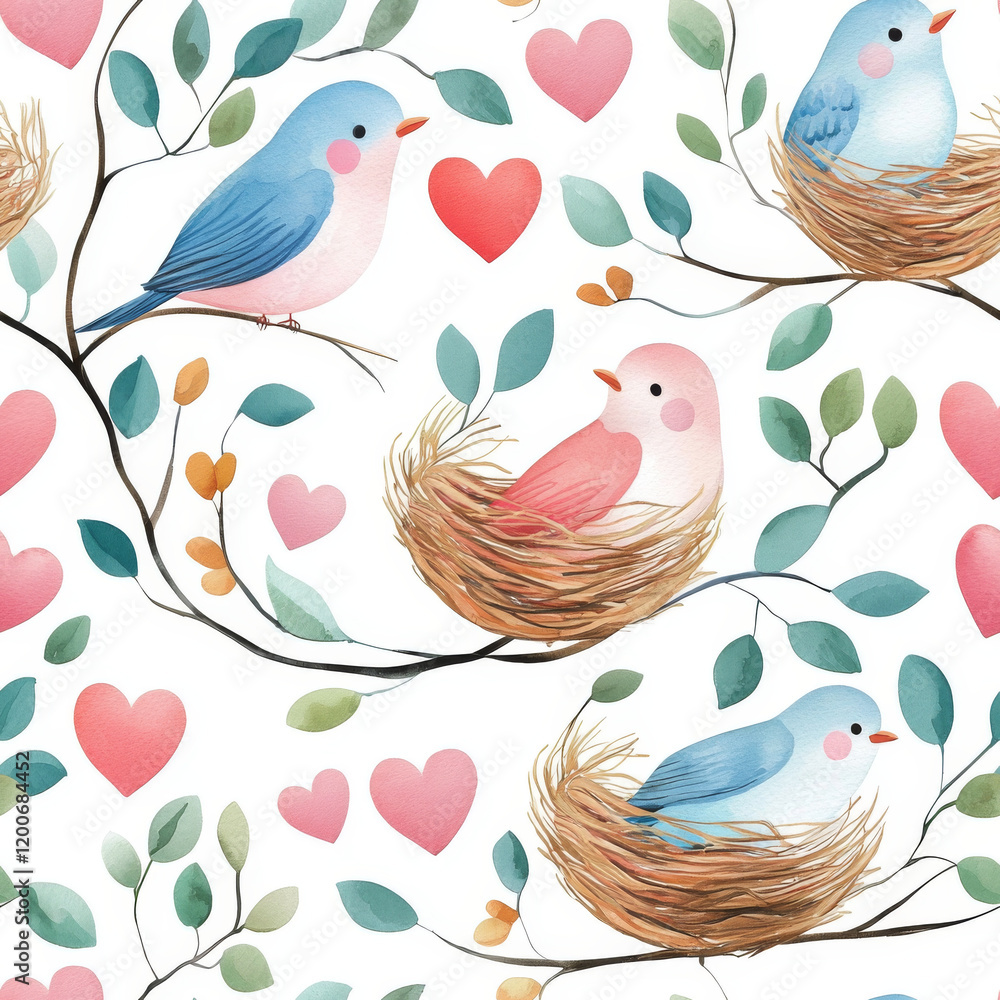 Gentle watercolor birds and nests with hearts create charming pattern. This delightful design features colorful birds perched branches, surrounded by leaves and hearts, evoking sense of warmth and Gentle watercolor birds and nests with hearts create charming pattern. This delightful design features colorful birds perched branches, surrounded by leaves and hearts, evoking sense of warmth and
