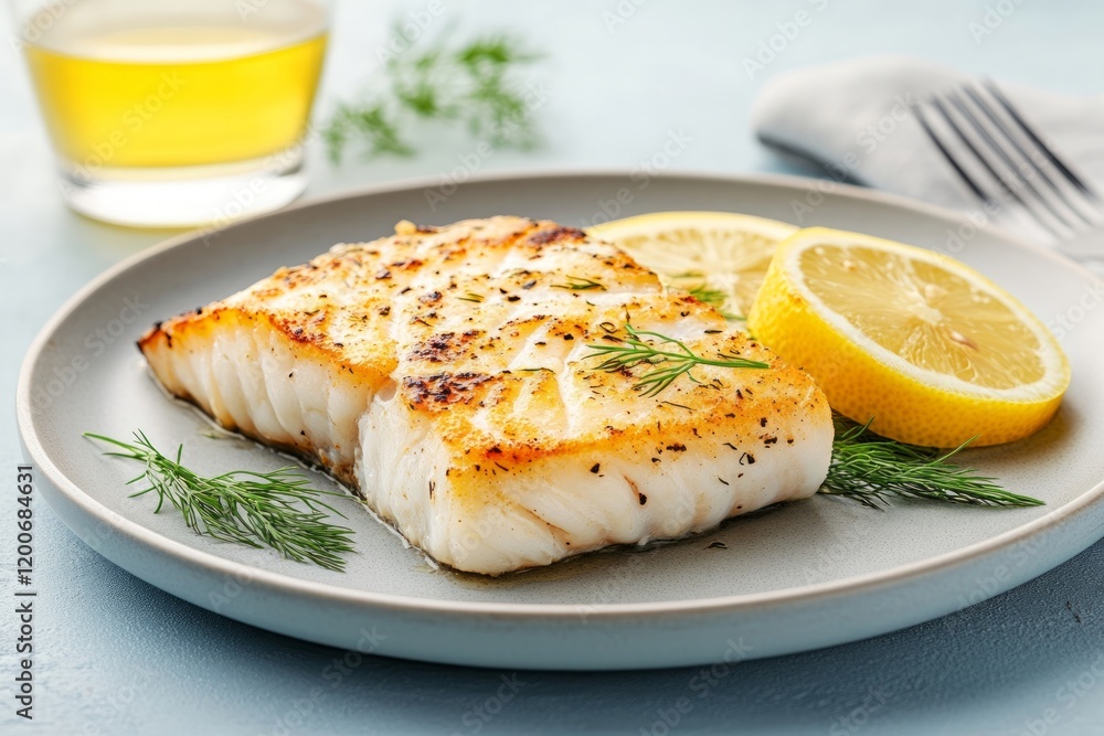 Grilled cod fillets garnished with lemon and dill
, seasoned with salt and pepper, on a A clean plate, pescatarian
Grilled cod fillets garnished with lemon and dill
, seasoned with salt and pepper, on a A clean plate, pescatarian