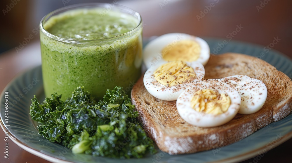 wholesome breakfast of whole wheat toast with almond butter, a boiled egg, and a fresh green smoothie with spinach and kale wholesome breakfast of whole wheat toast with almond butter, a boiled egg, and a fresh green smoothie with spinach and kale