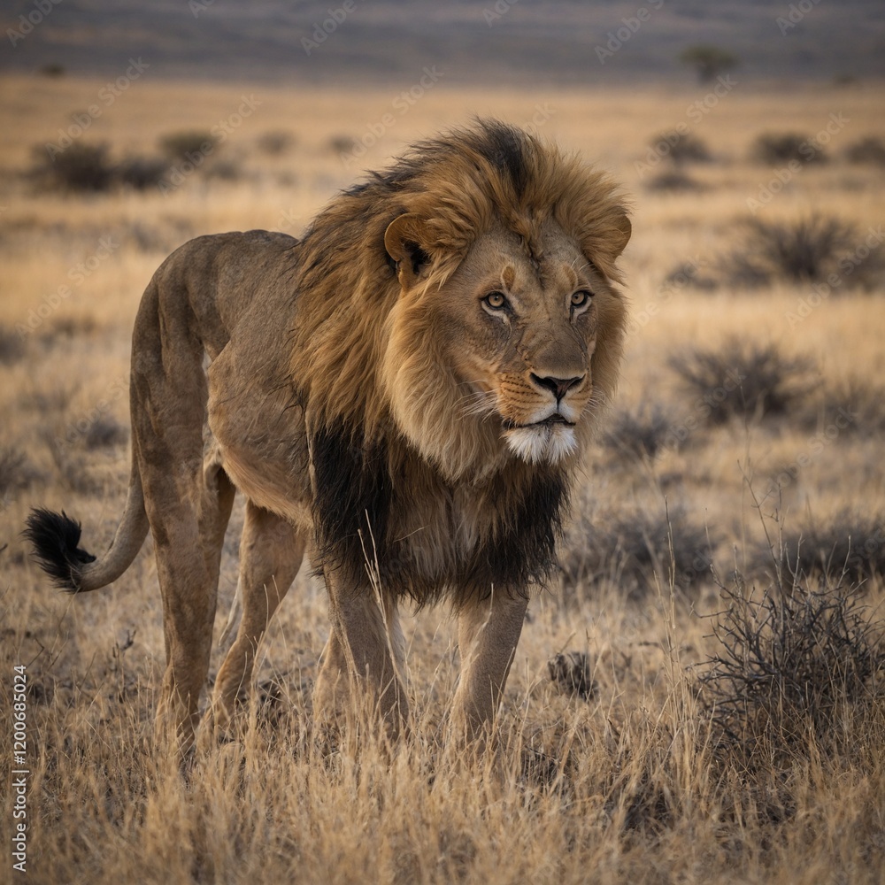 Majestic lion in its natural habitat during golden hour Barbary lion in the field Majestic lion in its natural habitat during golden hour Barbary lion in the field