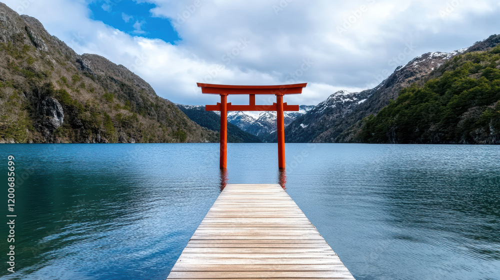 Iconic red torii gate standing tall over tranquil lake surrounded by mountains Iconic red torii gate standing tall over tranquil lake surrounded by mountains