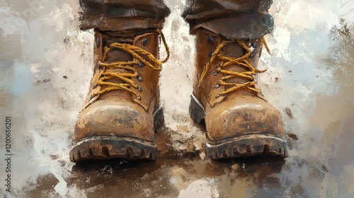 artistic depiction of steel-toed boots, highlighting their protective features and rugged design