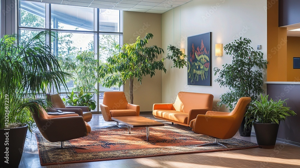 Fototapeta premium Serene Lobby Oasis: Sunlit modern lobby with orange armchairs, a patterned rug, large potted plants, and a wall-mounted artwork, creating a calm and inviting atmosphere. 