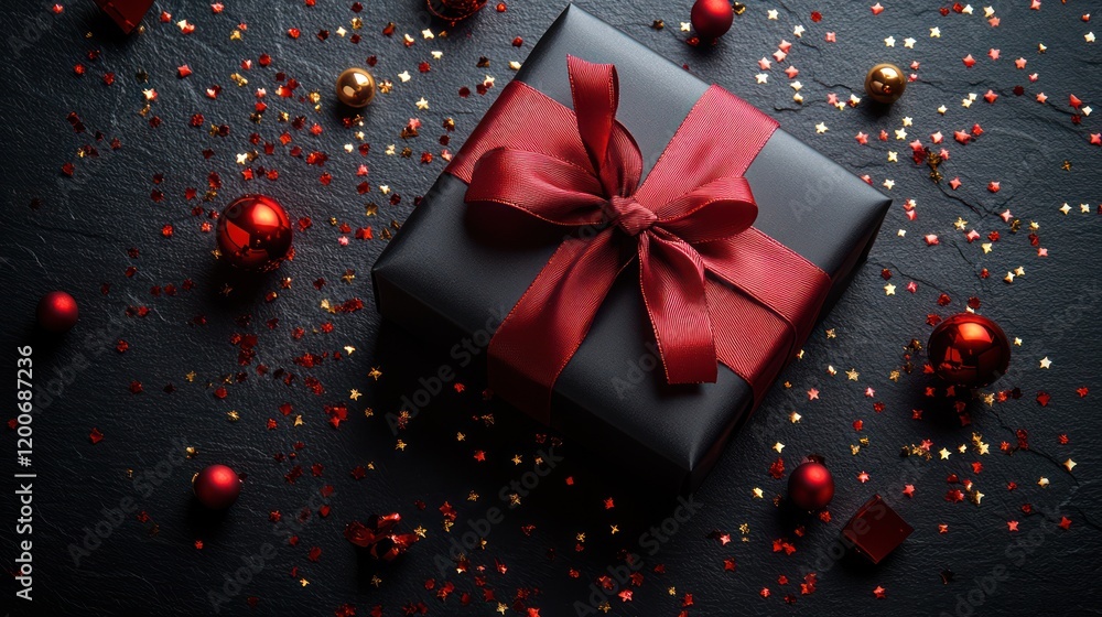 Elegant Black Gift Box with Red Ribbon and Festive Decorations Elegant Black Gift Box with Red Ribbon and Festive Decorations