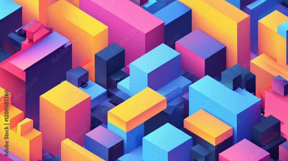 A colorful, isometric illustration of stacked blocks creates a unique abstract pattern animation looping A colorful, isometric illustration of stacked blocks creates a unique abstract pattern animation looping