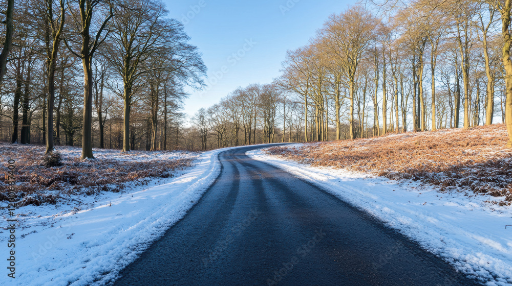 serene snowy forest road at sunrise, surrounded by trees and soft golden light serene snowy forest road at sunrise, surrounded by trees and soft golden light