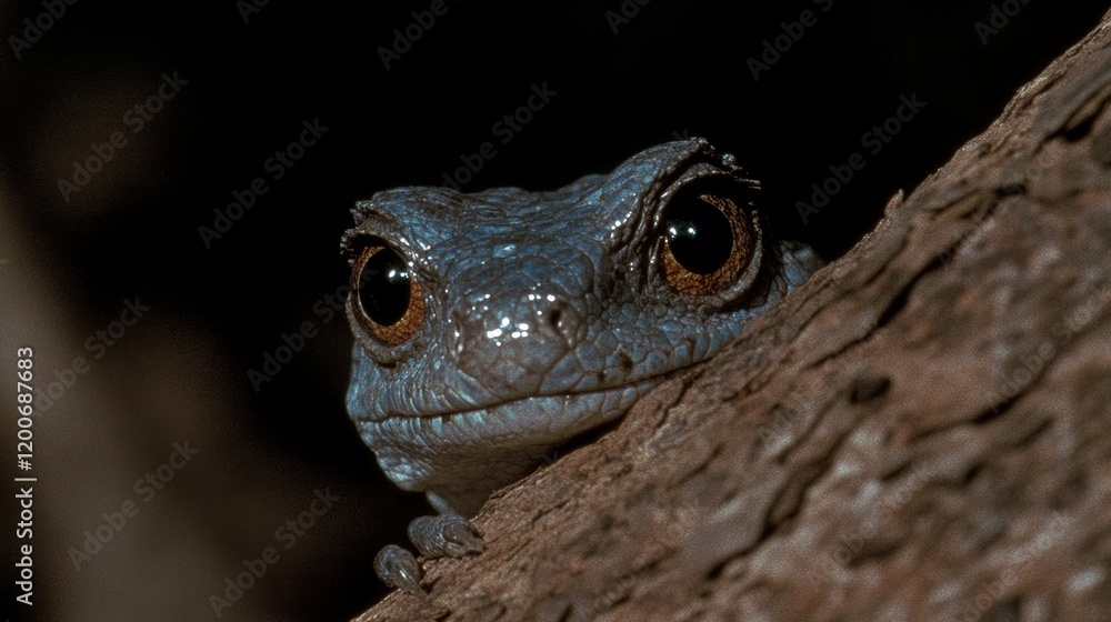 Fototapeta premium Blue Gecko Hiding Behind Tree Trunk Closeup