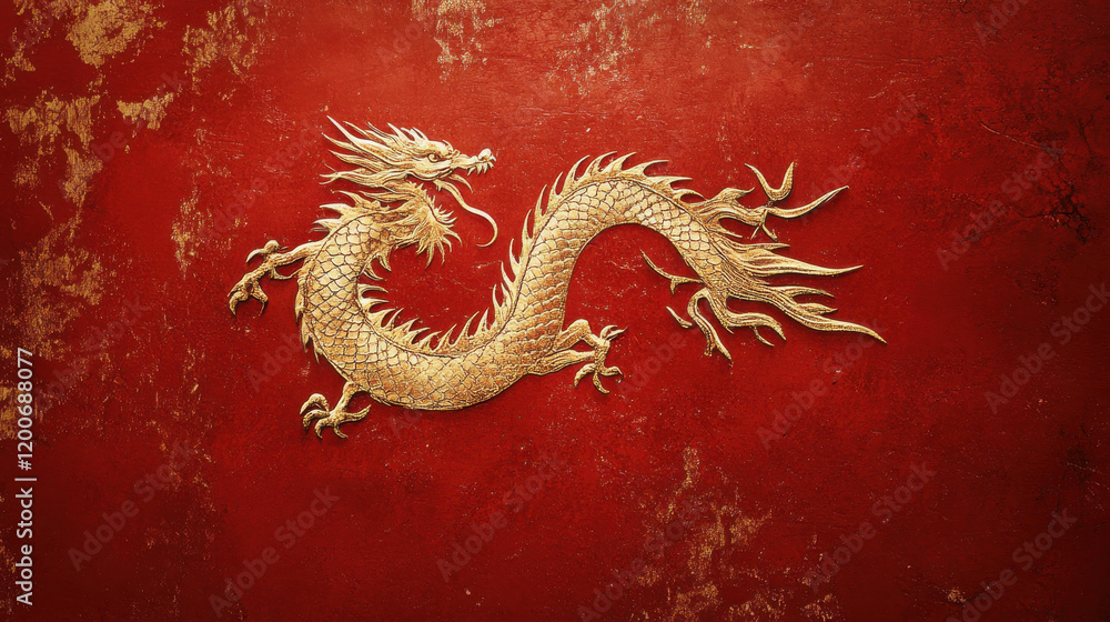 Fototapeta premium A golden dragon design on a textured red background.