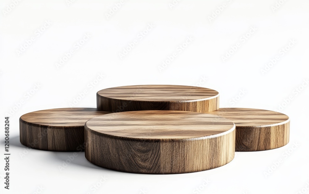 Wooden display stand, circular, three tiers, isolated, white background. Wooden display stand, circular, three tiers, isolated, white background.