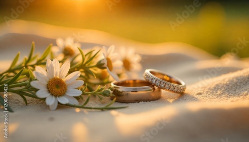 Golden Wedding Rings with Daisies: Romantic Sunset Scene photo