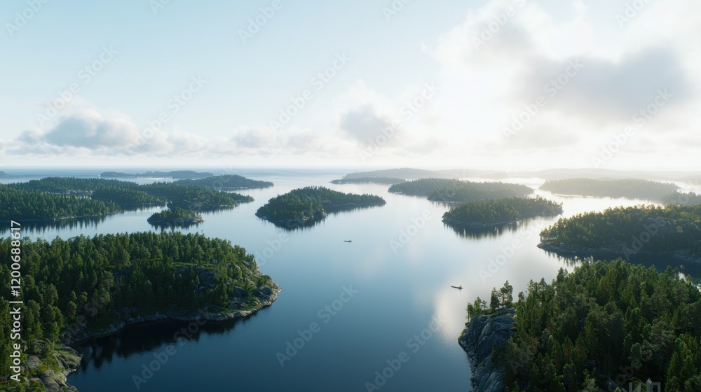 Serene landscape of islands and water under a bright sky. Serene landscape of islands and water under a bright sky.