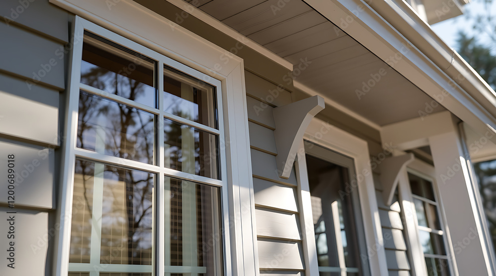 Fototapeta premium Elegant Home Exterior: Modern Window Design and Architectural Details. High-quality image showcasing the beauty of residential architecture.