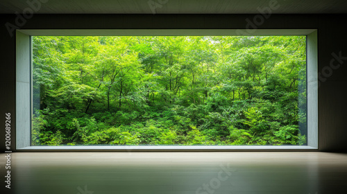 Lush green woodland viewed through large glass window, creating serene atmosphere. Nature beauty enhances indoor space photo