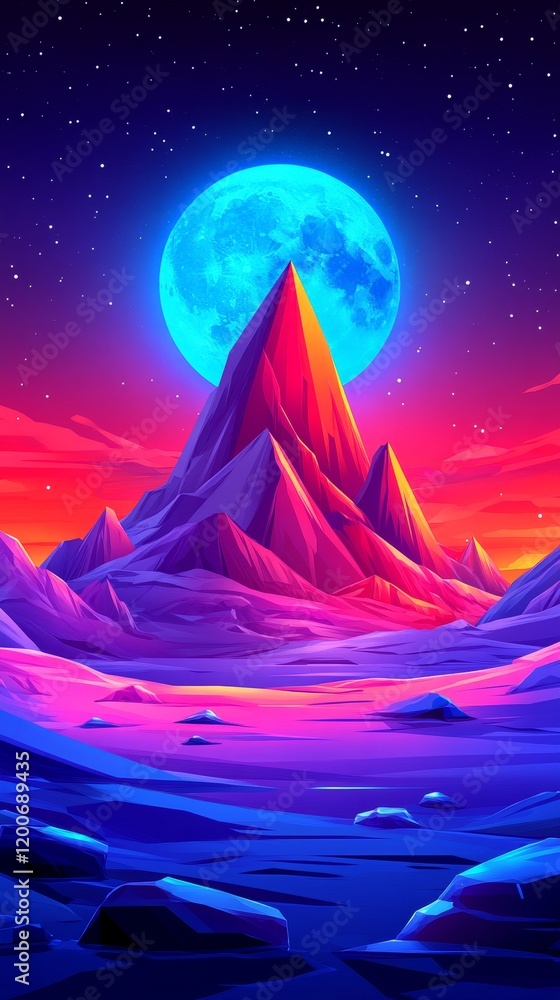 Fototapeta premium Vibrant Neon Landscape Mountain Peak Underneath a Giant Blue Moon at Night