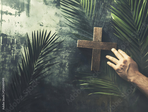 Wooden Cross with Palm Leav...