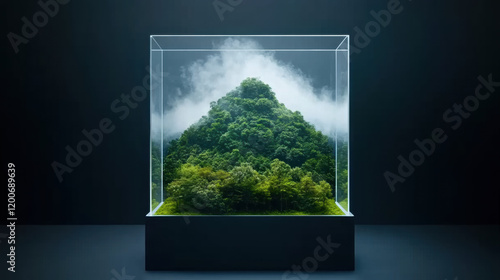 tropical mountain inside clear display box, surrounded by lush greenery and mist, creates serene and captivating atmosphere
