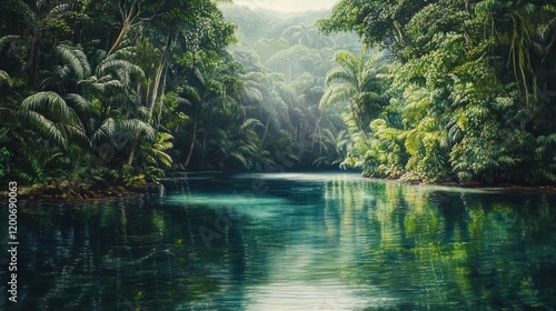 jungle surrounding a hidden lagoon, with dense foliage lining the water's edge and the stillness of the air broken only by the occasional splash of a fish jumping in the warm, wet air.