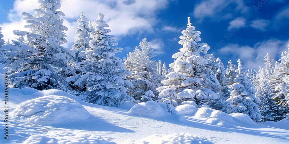 Winter landscape with snow-covered trees and a clear blue sky Winter landscape with snow-covered trees and a clear blue sky