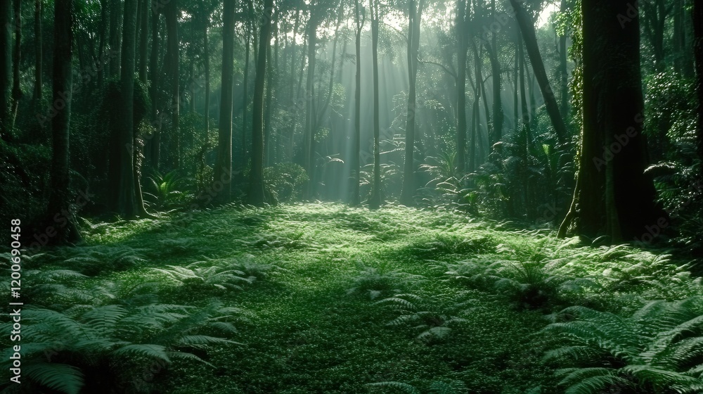 Fototapeta premium The jungle floor beneath towering trees, blanketed with a carpet of ferns and small plants, the air so thick with humidity that the scent of earth