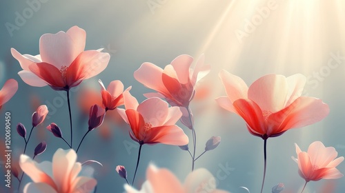 Sunlit pink flowers in a field.