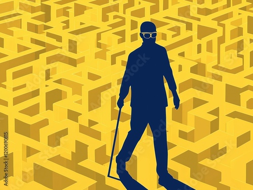Deficiente visual de frente para um labirinto, simbolizando a dificuldade de locomoção nas grandes cidades