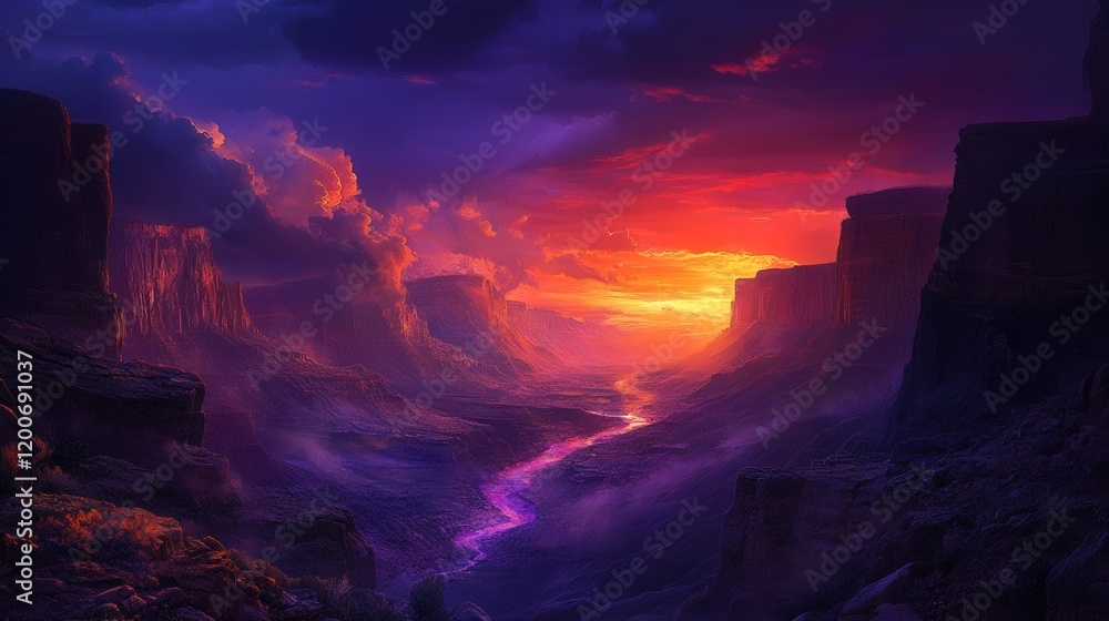 Fototapeta premium arid canyon at dusk, where the sky turns deep shades of purple and orange, and the harsh landscape is softened by the fading light, creating a dramatic contrast.