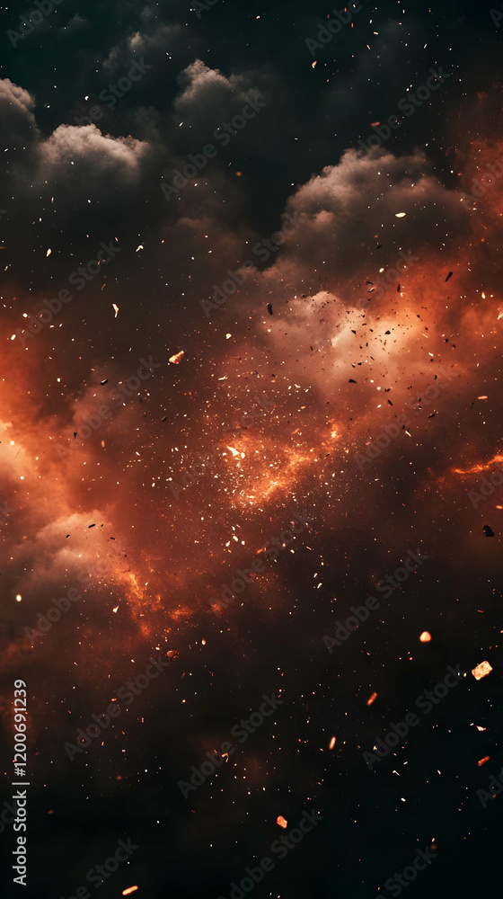 Naklejka premium Fiery sparks and smoke fill a dark cloudy sky with dramatic textures and atmospheric effects.