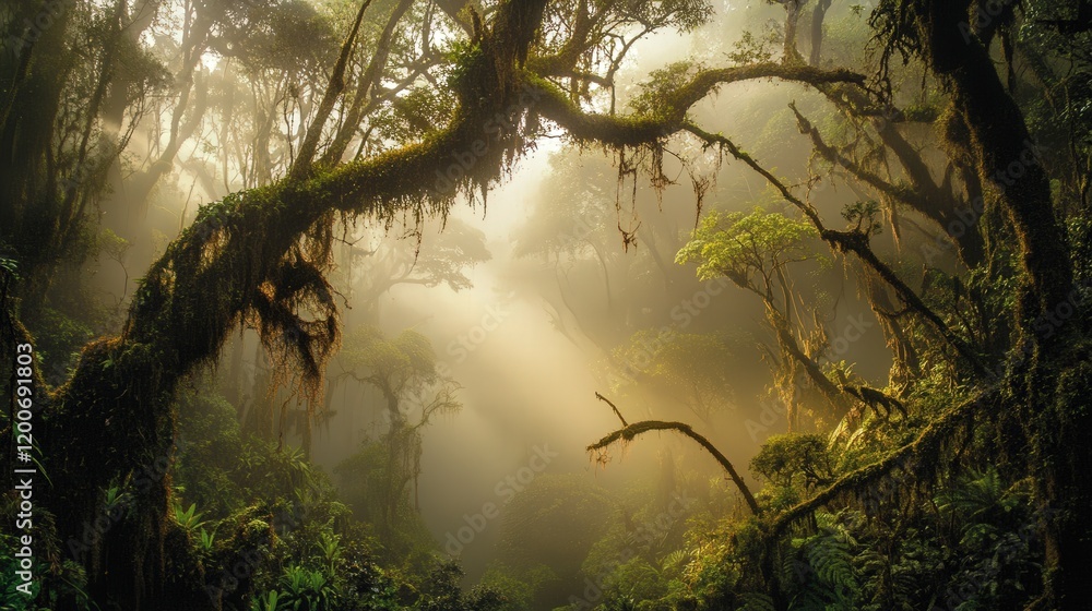 Fototapeta premium The thick mist of a humid jungle morning, with towering trees draped in moss, and vines twisting down,