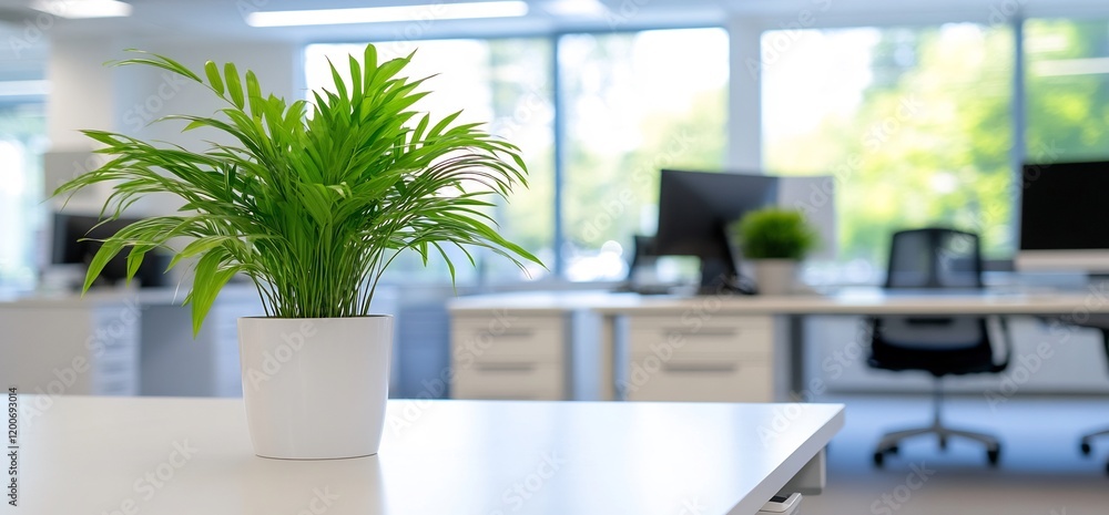 Office plant on desk, modern workspace, natural light. Stock photo Office plant on desk, modern workspace, natural light. Stock photo