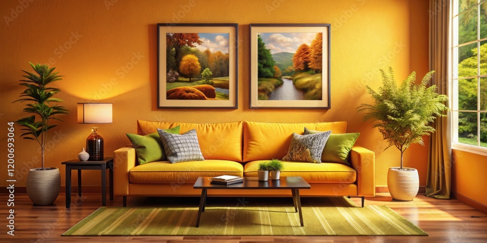 Fototapeta premium Cozy Living Room with Vibrant Orange Walls and Plush Yellow Couch in Tilt-Shift Photography