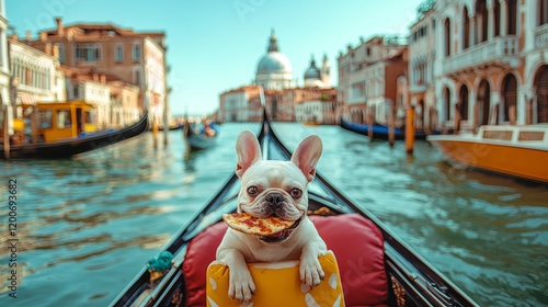 dog travel  landmark concept. A dog enjoying a ride in a gondola on a Venetian canal.
