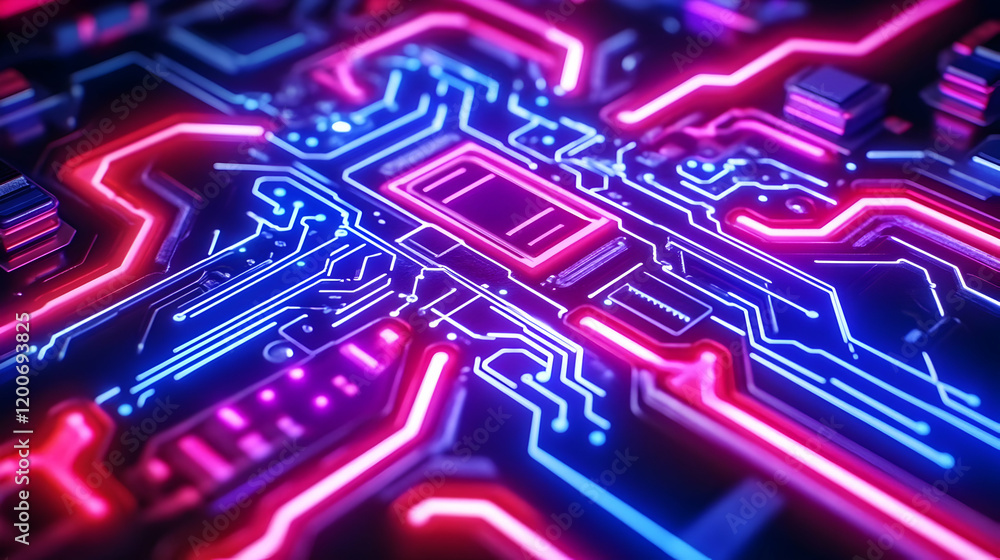 Neon Circuit Board Illuminates with Vibrant Pink and Blue Lights, a 3D Render of Futuristic Technology. Neon Circuit Board Illuminates with Vibrant Pink and Blue Lights, a 3D Render of Futuristic Technology.