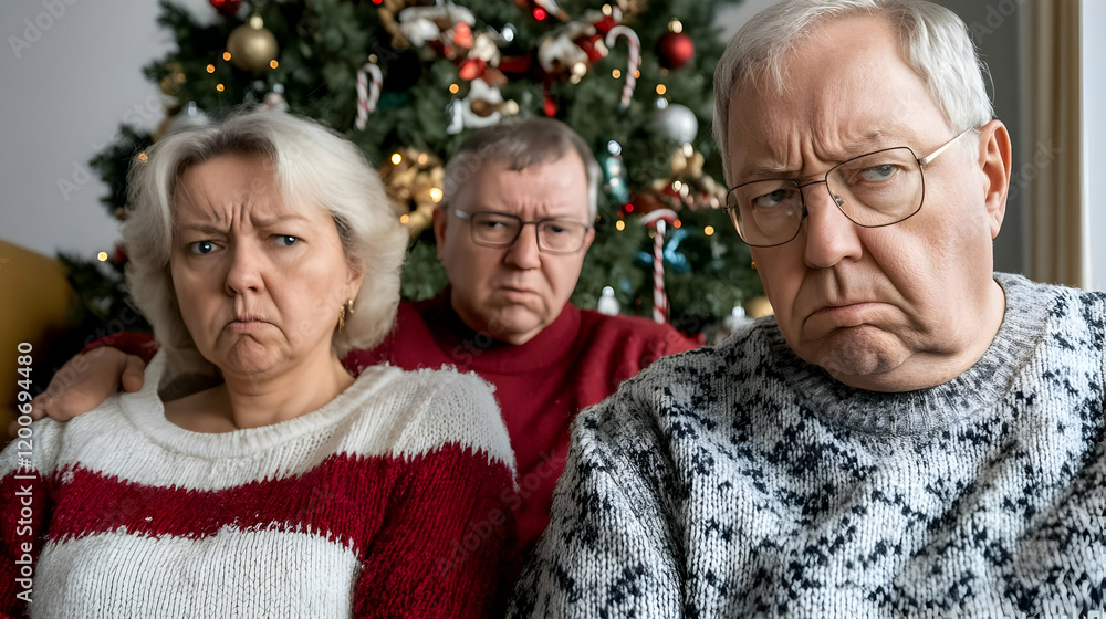 Sad Senior Family Poses Sadly in Front of Decorated Christmas Tree Sad Senior Family Poses Sadly in Front of Decorated Christmas Tree