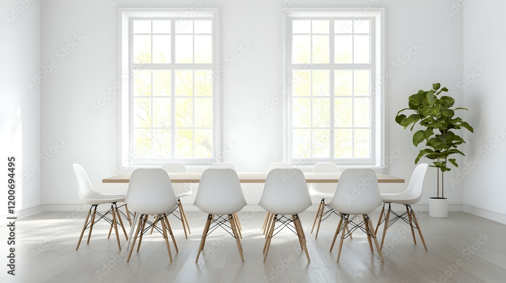 Fototapeta premium Contemporary Boardroom Design, a spacious interior featuring large windows, sleek furnishings, and a bright, airy atmosphere ideal for meetings.