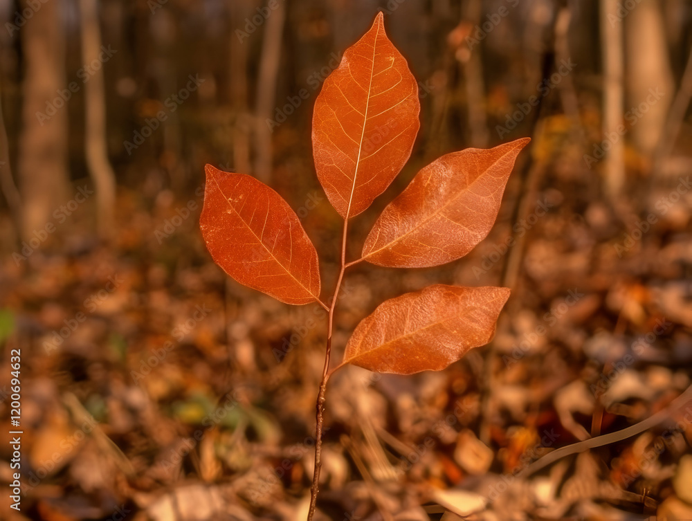 Obraz premium Vibrant Orange Leaves Glow in Autumn Sunlight with a Blurred Forest Floor Background.
