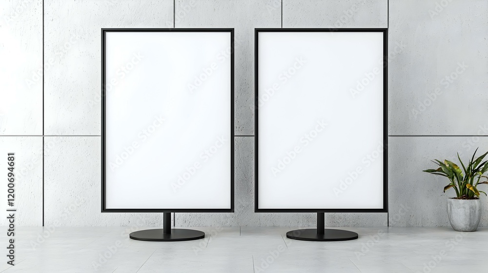 Contemporary art space featuring minimalist design, two empty vertical display posts, polished floors, neutral color palette, inviting atmosphere Contemporary art space featuring minimalist design, two empty vertical display posts, polished floors, neutral color palette, inviting atmosphere