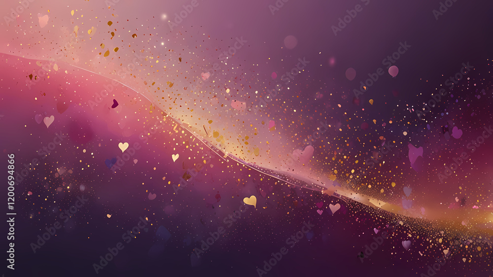 Obraz premium A whimsical abstract background with soft gradients of purple and pink, accented by floating golden specks and ethereal waves 