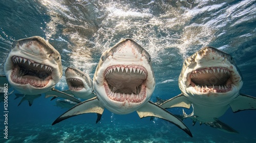 Four great white sharks swimming underwater with mouths open.