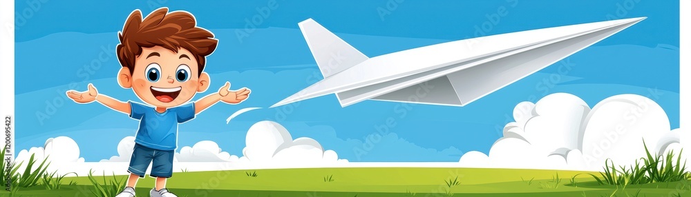 Child launching paper airplane outdoor playground illustration bright day joyful perspective imagination in action Child launching paper airplane outdoor playground illustration bright day joyful perspective imagination in action