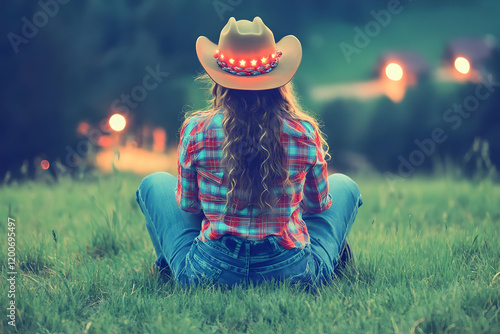 Woman in Cowboy Hat Sits Pe...